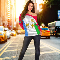 Side view women off-shoulder Eritrea flag top, long sleeves with red/blue/green panels