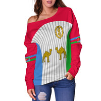 Eritrea flag off-shoulder sweatshirt top for women, red neckline with camel-and-laurel crest