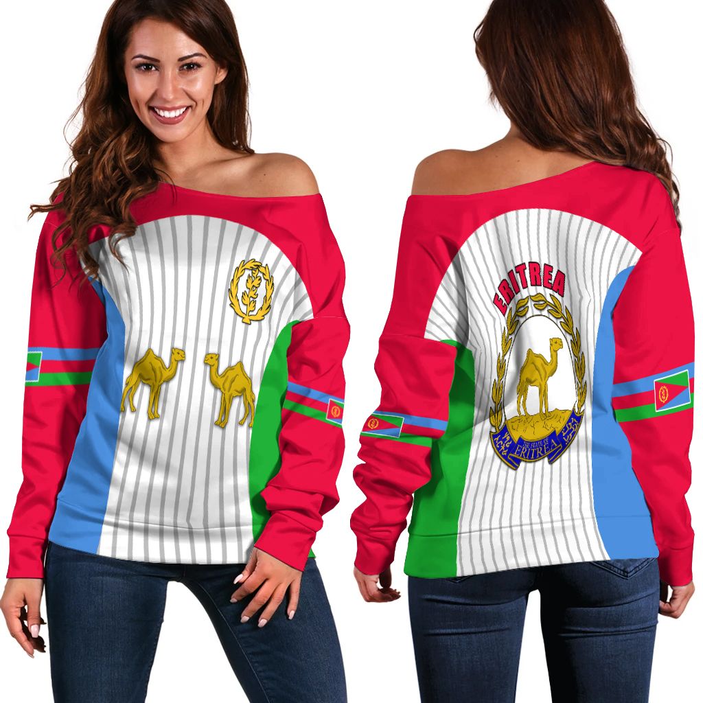 Women off-shoulder Eritrea flag sweatshirt top, red with white striped front and emblem