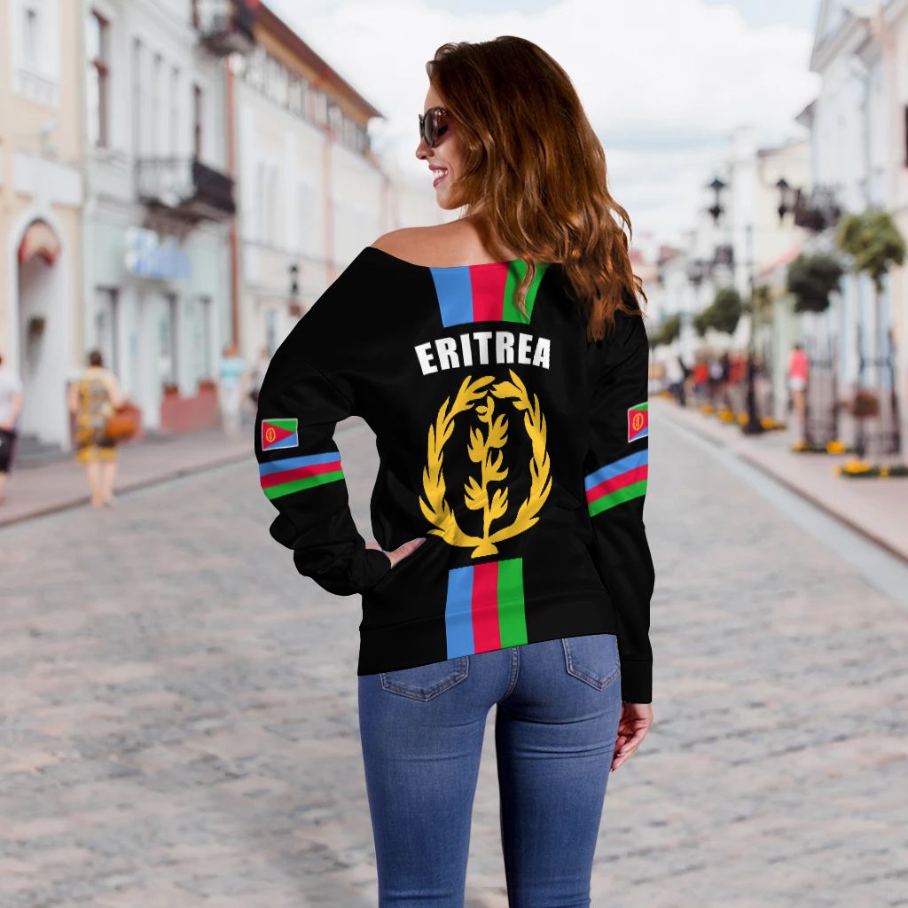 Black off-shoulder sweatshirt, Eritrea crest on back with flag stripe panels