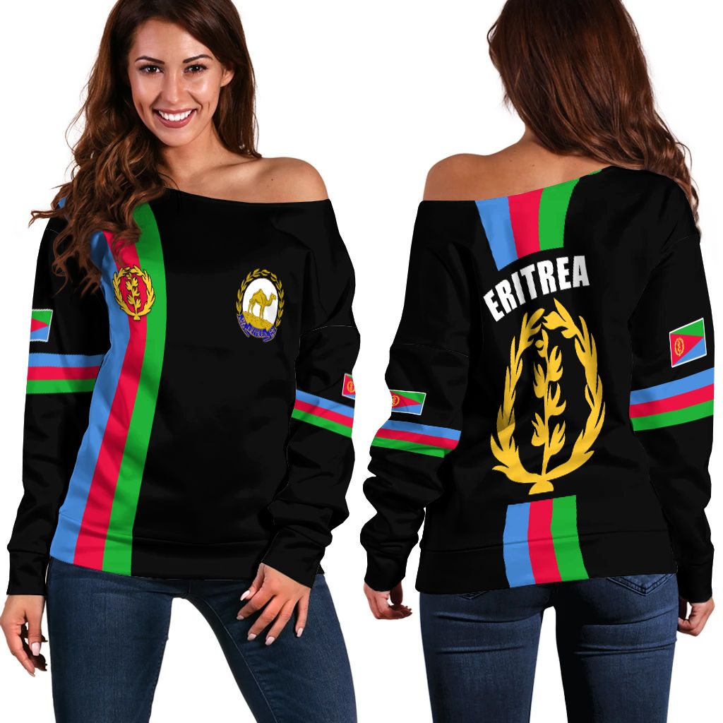 Black off-shoulder women’s sweatshirt with Eritrea emblem and vertical flag stripe