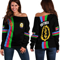 Black off-shoulder women’s sweatshirt with Eritrea emblem and vertical flag stripe