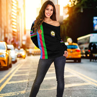 Black off-shoulder women’s sweatshirt with flag stripe sleeve accents and crest