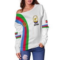 Off-shoulder white sweatshirt, Eritrea crest front, multicolor stripe flag sleeves