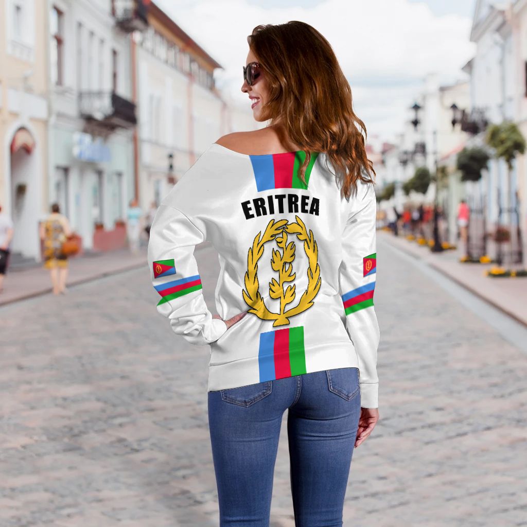 Off-shoulder white sweatshirt, Eritrea emblem on back, multicolor stripe flag panels