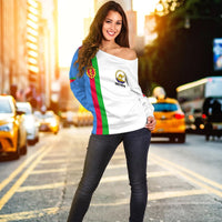 Women’s off-shoulder Eritrea flag sweatshirt with vertical stripes on white, long sleeves