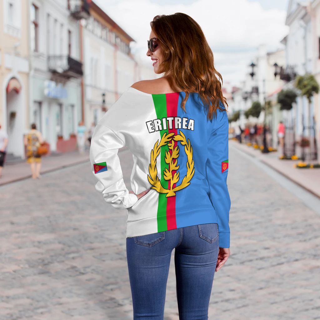 Off-shoulder sweatshirt (back view) with Eritrea flag print and vertical stripes on white