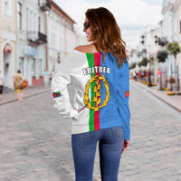 Off-shoulder sweatshirt (back view) with Eritrea flag print and vertical stripes on white
