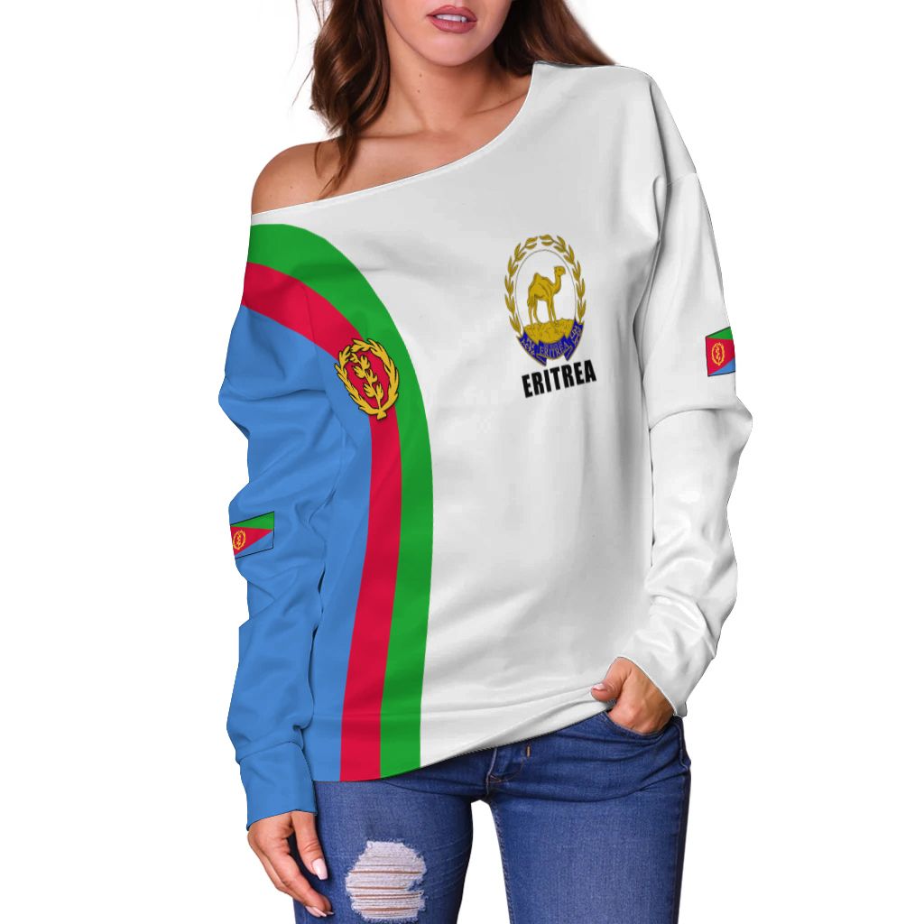 Close-up off-shoulder sweatshirt with Eritrea emblem and vertical stripes on white