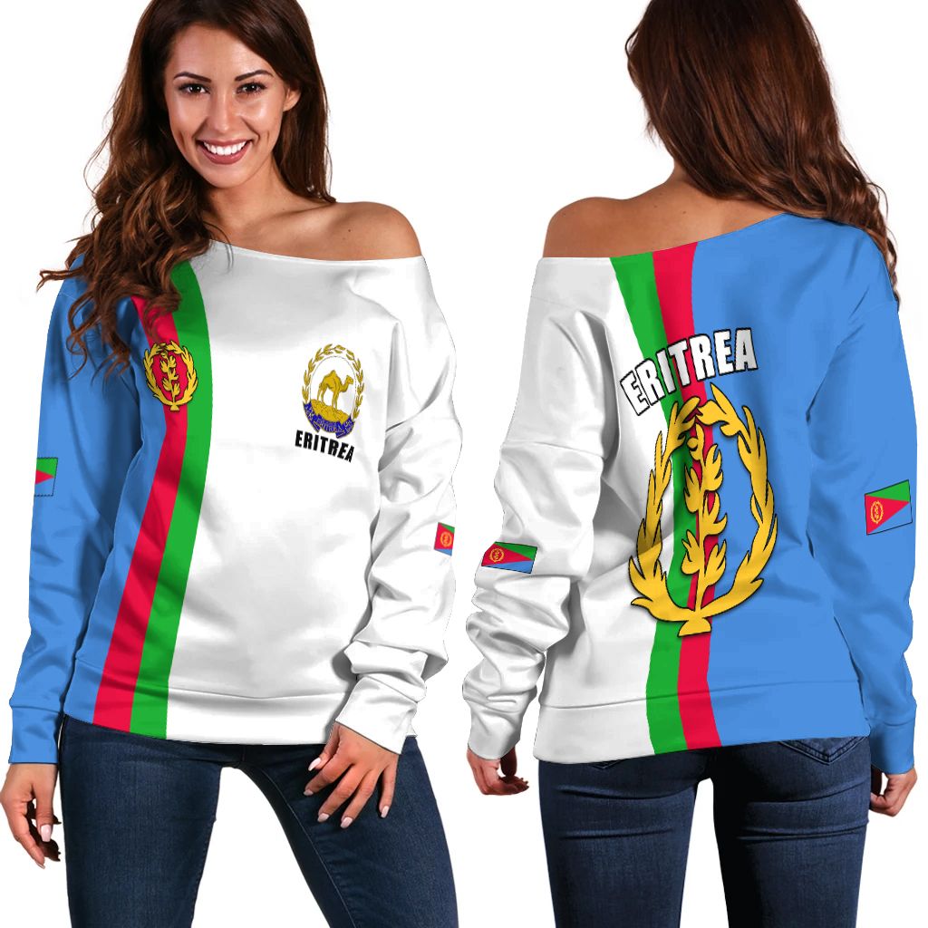 Off-shoulder women’s sweatshirt, Eritrea flag print with vertical stripes on white