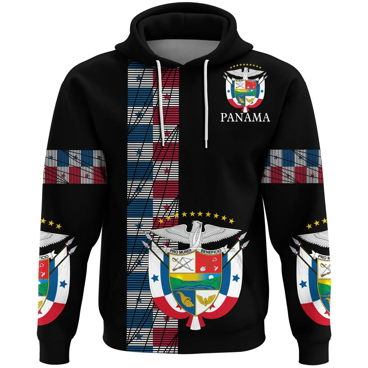 Black pullover hoodie with Panama crest and graphic flags on the front sleeves