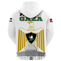 White hoodie back shows “PRAY FOR GAZA” text with large eagle and shield graphic