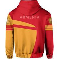 Red pullover hoodie with gold panel and ARMENIA lettering, hooded neckline