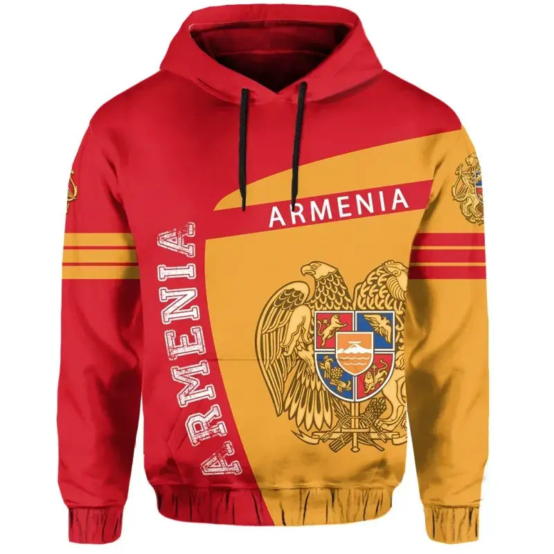 Armenia pullover hoodie in red with gold panel, ARMENIA print, hood and drawstrings
