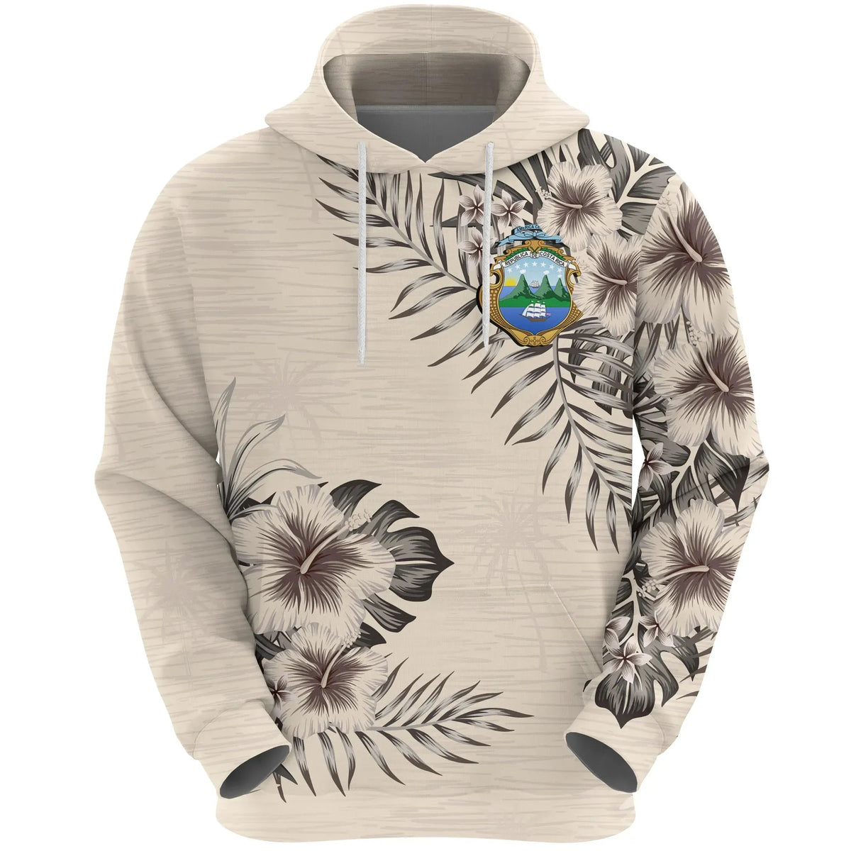 Beige Pullover-Hoodie mit Hibiskus- und Palmenprint, Kordelzug an Kapuze