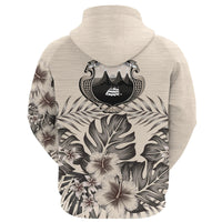 Beige Hoodie-Rückansicht mit Blumenblatt-Print und mittigem Wappenemblem