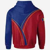 Pullover hoodie back view, red and blue panels with gold stripe lines