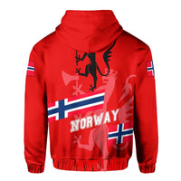 Red pullover hoodie with Norway flag graphic, Norway text and hood, back view