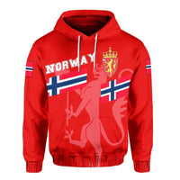 Red pullover hoodie with Norway flag graphic and crest, front