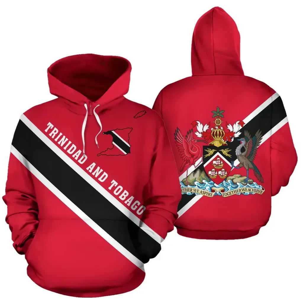 Red pullover hoodie front and back, Trinidad and Tobago flag all-over print