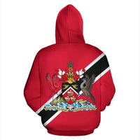 Red pullover hoodie back print with Trinidad coat of arms and diagonal flag stripe