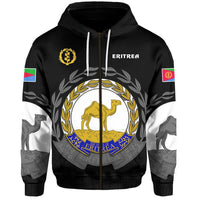 Black zip hoodie with Eritrea crest chest print, hood drawstrings, sleeve flag graphics