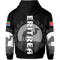Black zip hoodie back view with large 'ERITREA' print, hood, sleeve flag patches