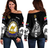 Black off-shoulder women’s sweater with Eritrea crest, laurel print and flag sleeve cuffs
