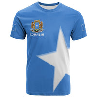 Blue short-sleeve crewneck T-shirt with Somalia crest and large star graphic
