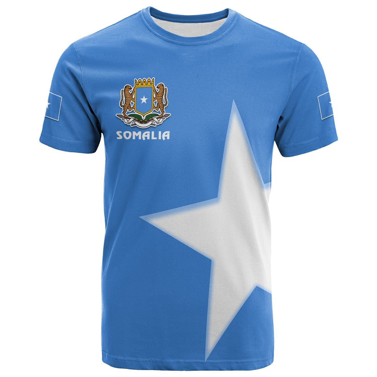 Blaues T-Shirt mit Somalia-Wappen und großem weißem Sternmotiv