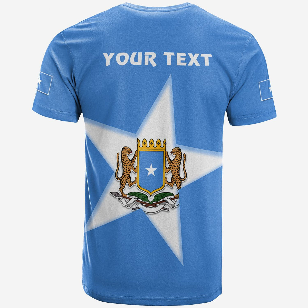 Blaues T-Shirt Rückseite: YOUR TEXT über weißem Stern und Somalia-Wappen