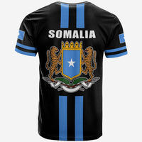 Black Somalia flag T-shirt, back view with SOMALIA text and crest over blue stripes