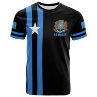Black Somalia flag T-shirt with blue stripe panels and front crest graphic