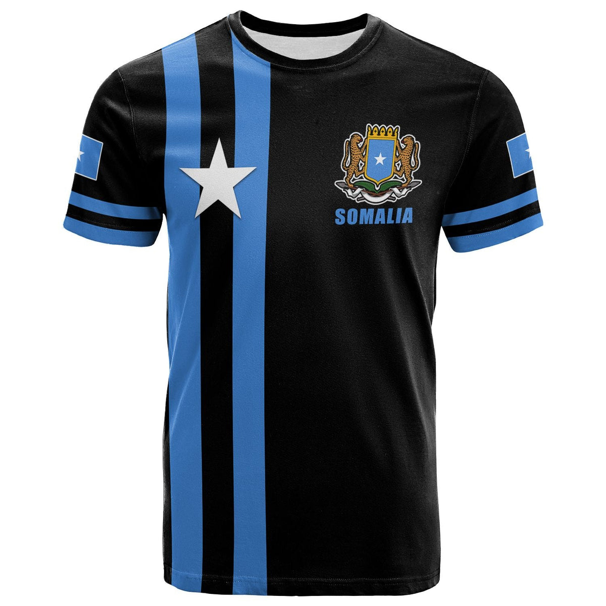 Black Somalia flag T-shirt front, blue vertical stripes, star, crest and 'SOMALIA'