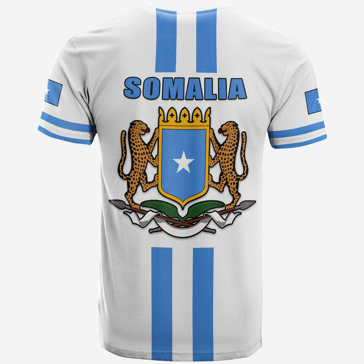 White Somalia flag T-shirt back with large coat-of-arms graphic and SOMALIA text