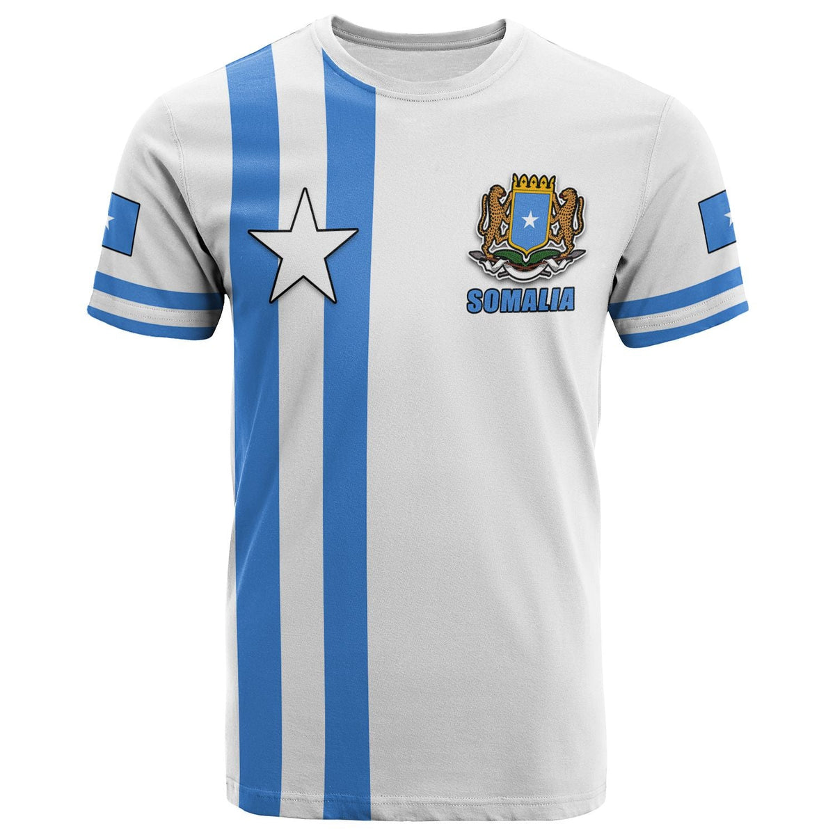 White Somalia flag T-shirt with blue vertical stripes, star emblem and SOMALIA print