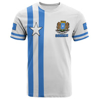 White Somalia flag T-shirt with blue vertical stripes, star emblem and SOMALIA print
