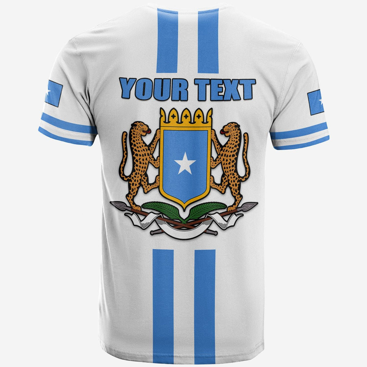 White Somalia flag T-shirt back print with “YOUR TEXT” and shield with lions