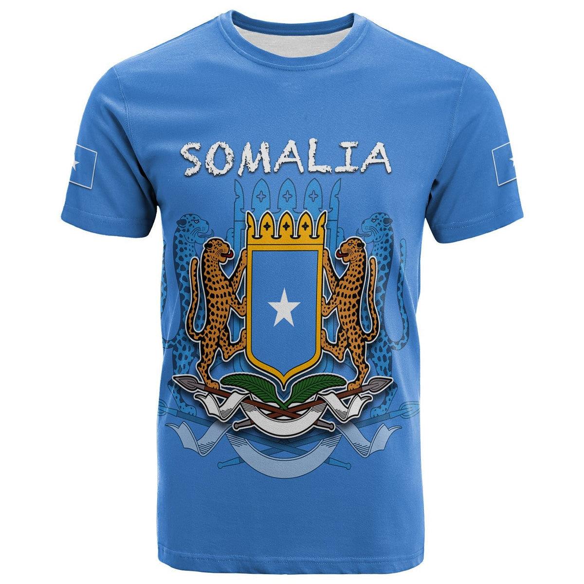 Blue Somalia graphic T-shirt with coat of arms and large “SOMALIA” front text