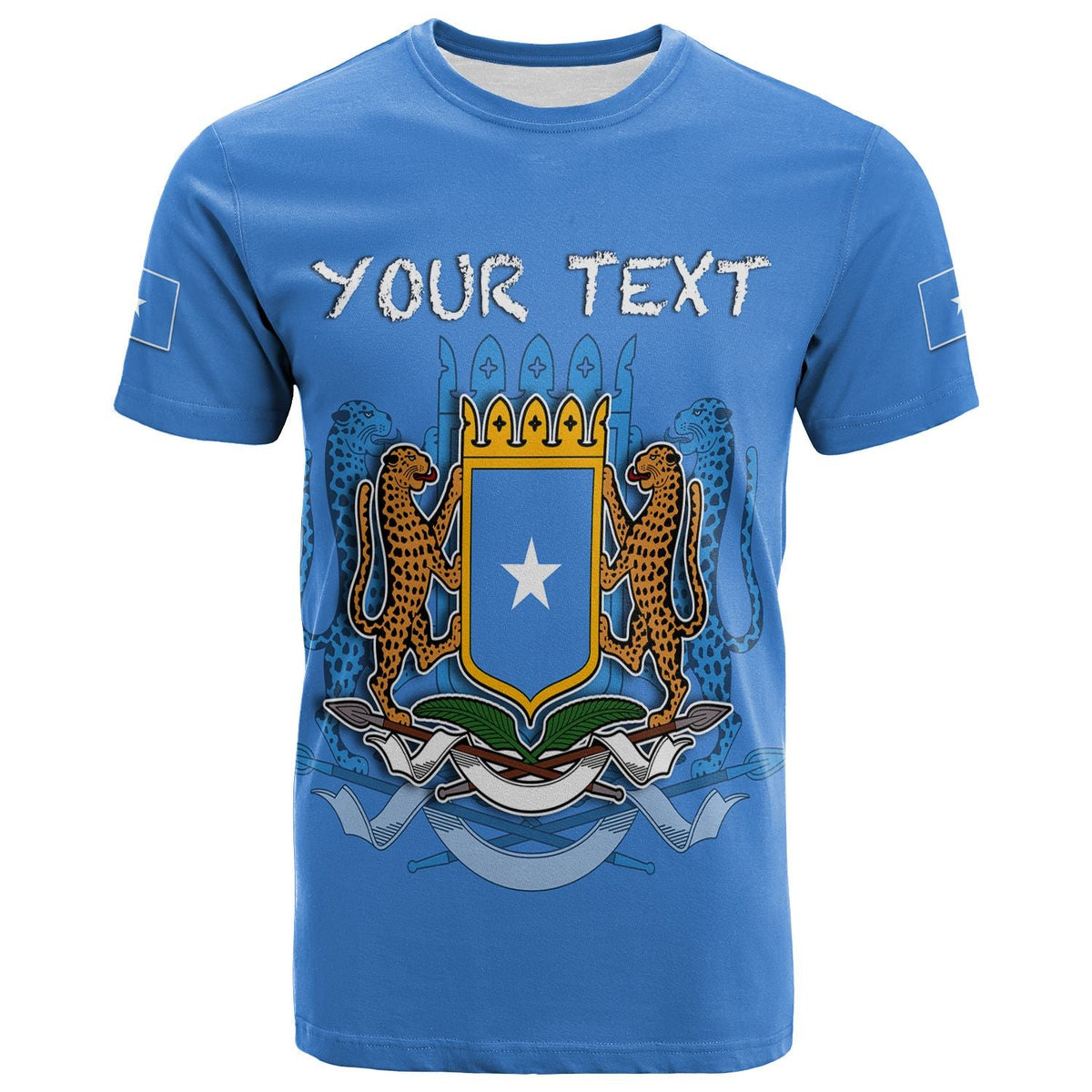Custom T-shirt bleu : blason Somalie et texte "YOUR TEXT" devant