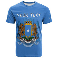 Custom T-shirt bleu : blason Somalie et texte "YOUR TEXT" devant