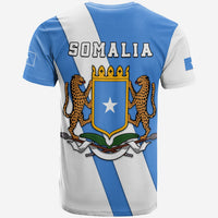 Somalia T-shirt with back graphic: SOMALIA text, coat of arms shield, crown and cats