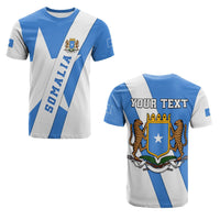 Custom Somalia T-shirt, blue-and-white diagonal stripe with crest on front