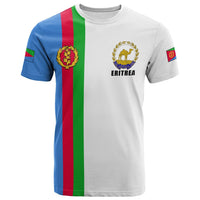 Eritrea striped T-shirt, white base with blue-red-green vertical stripe and crest logo