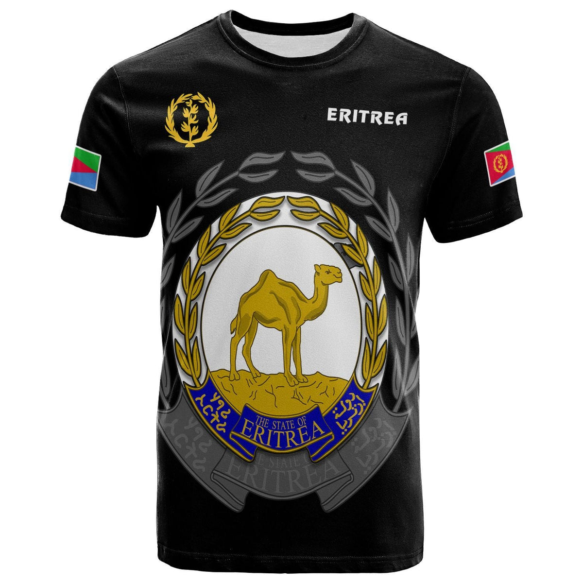 Black Eritrea T-shirt with front coat of arms emblem and ERITREA text