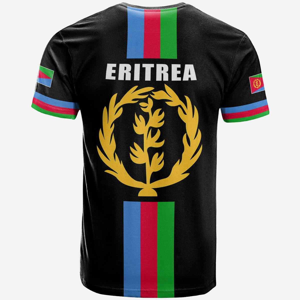 Black Eritrea T-shirt back print 'ERITREA' and large gold lion crest