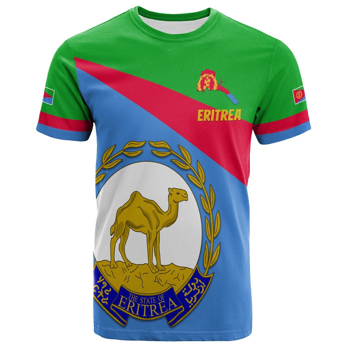 Eritrea flag T-shirt with camel crest and 'ERITREA' text, short-sleeve front