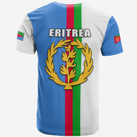 Eritrea striped T-shirt, back view with ERITREA text and tricolor stripe panel