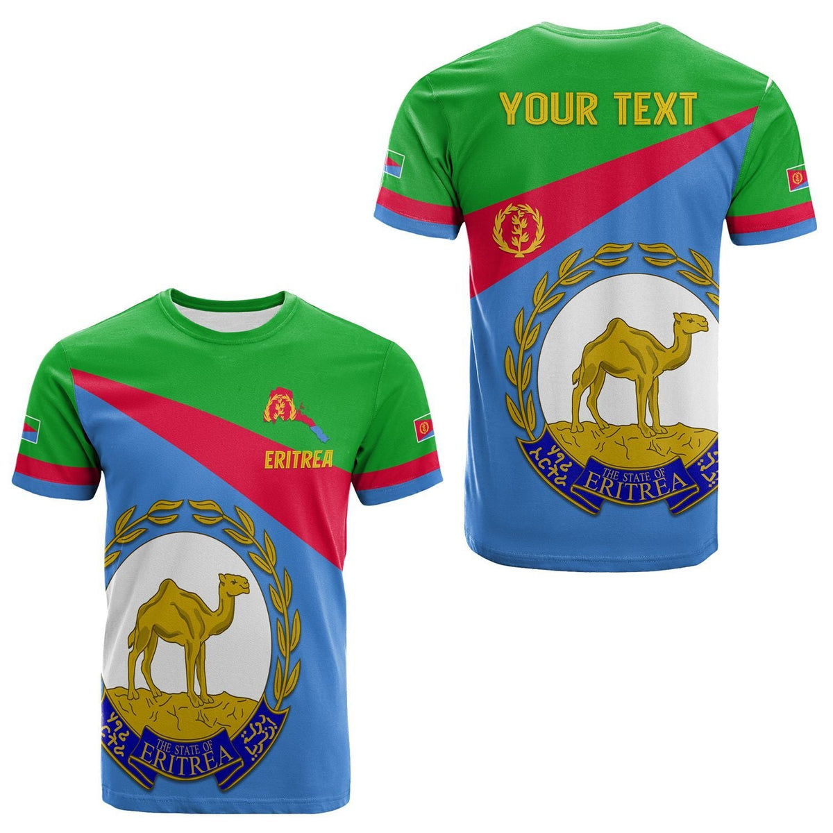 Eritrea T-Shirt: green/blue/red flag graphic with camel crest and custom text