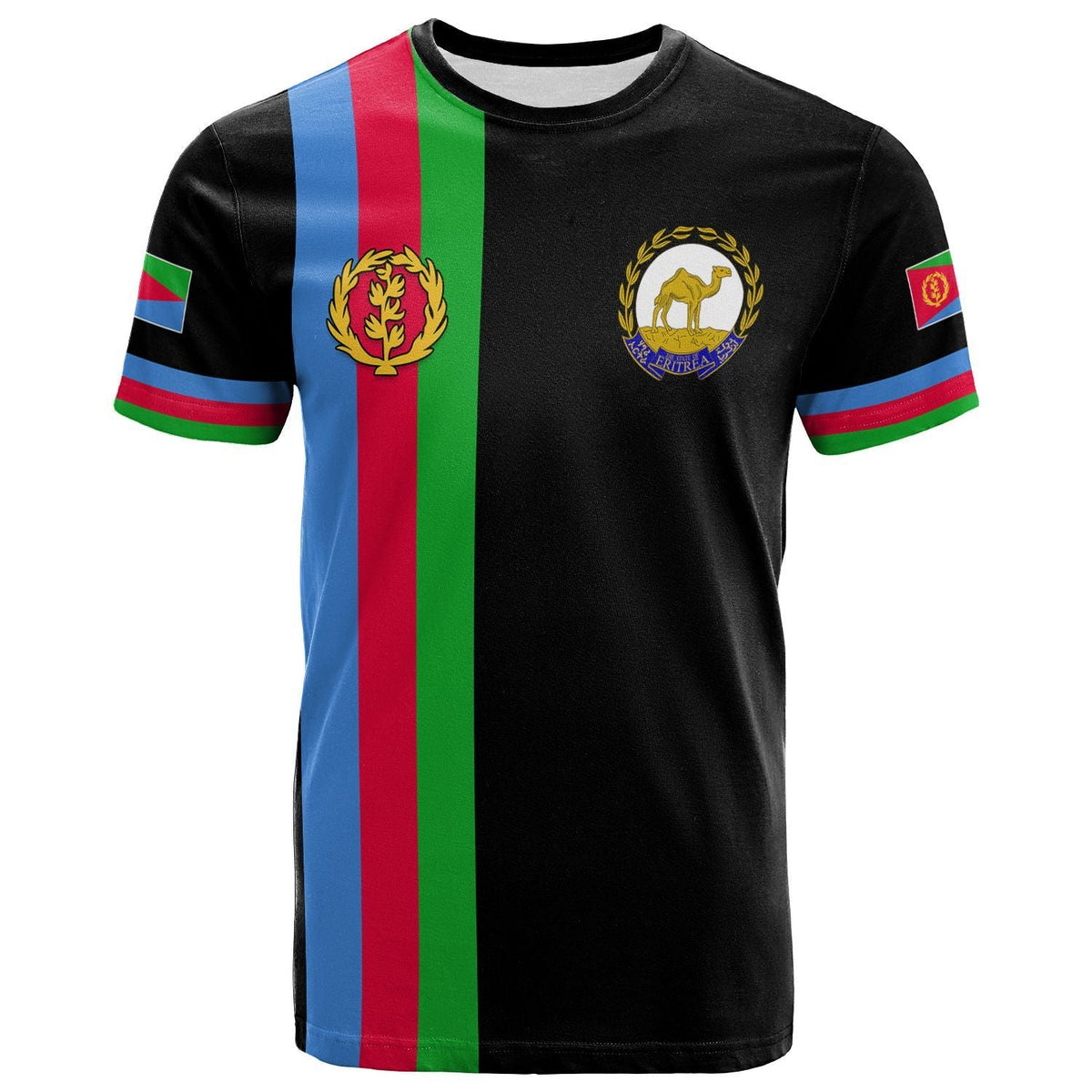Black Eritrea striped T-shirt, front flag panel and crest emblem